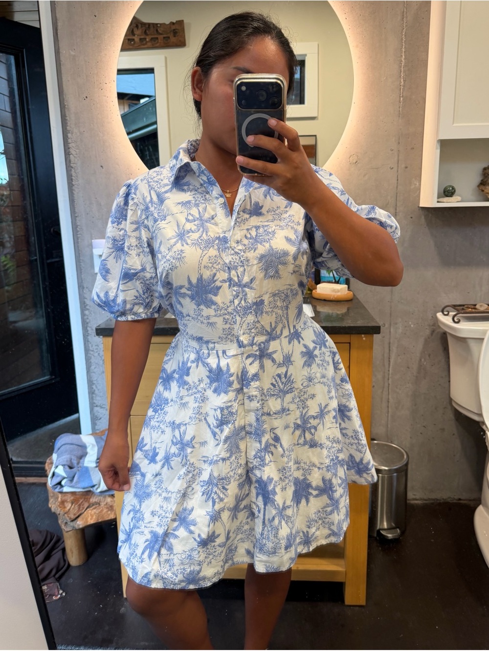 a new day Blue & White Tropical Print Shirt Dress